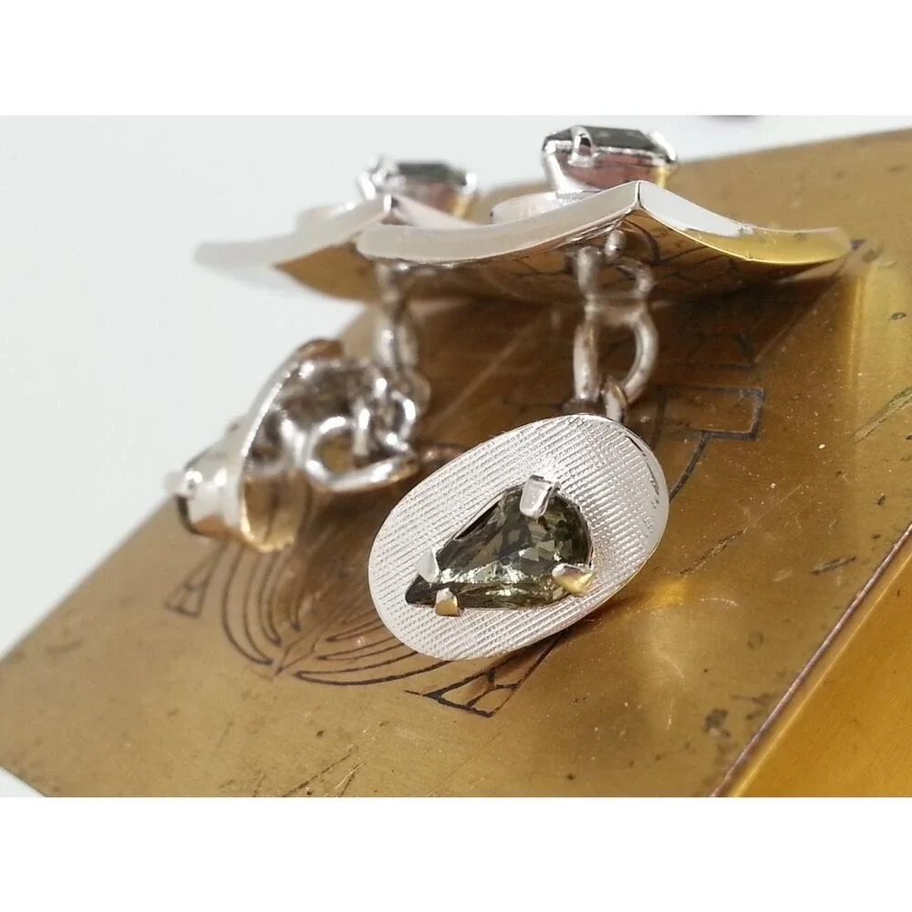 Smoke Faceted Glass Stone Cufflinks‎ Silver Tone Teardrop Double Faced Chainlink